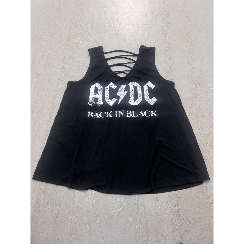 AC/DC Back In Black Tank Top‎ Womens 1X Black Graphic Criss-Cross V-Neck Concert